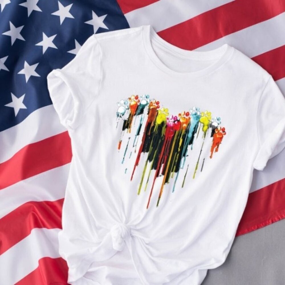 Colorful Dog Paw Heart T Shirt